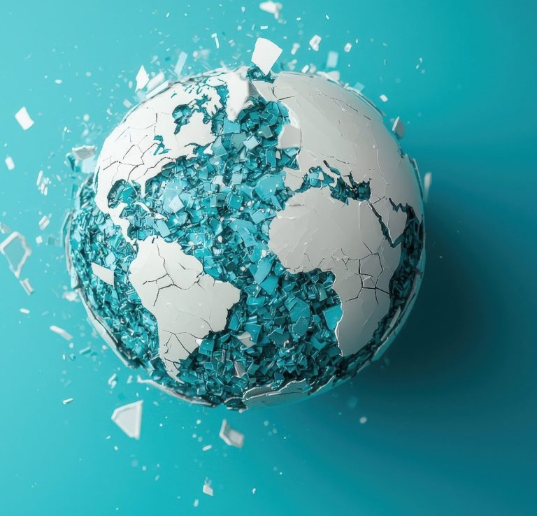 Zerbrochene Erdkugel in Blau und Weiß auf türkisfarbener Hintergrund.